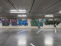 the graffiti on the wall is painted on to the cement wall of an underground parking garage