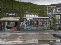 a graffiti covered building in front of some water and green leaves on it's walls