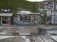 a graffiti covered building in front of some water and green leaves on it's walls