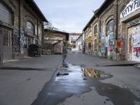 graffiti covered buildings line a empty, narrow alley lined with potholes and abandoned buildings