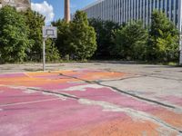 an empty parking lot in the city is cracked into two pieces and is completely painted to resemble a flower