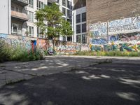 a graffiti wall next to an empty urban street with no traffic signs on it and trees in the background