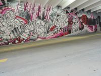 graffiti depicting people walking in an underground parking lot of a building while others walk past