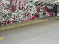 graffiti depicting people walking in an underground parking lot of a building while others walk past