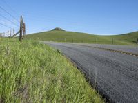 the grass grows in between the roadway and road area of a rural area under a bright blue sky