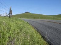 the grass grows in between the roadway and road area of a rural area under a bright blue sky