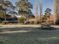 a picnic table with benches near some trees and a rock formation on the other side