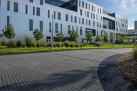 a city street surrounded by grass and tall buildings at the end of a street there is a paved pathway in front of the building