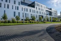 a city street surrounded by grass and tall buildings at the end of a street there is a paved pathway in front of the building