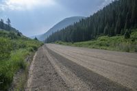 gravel road leading away from mountains with trees and grass on both sides of it and an open field in the middle