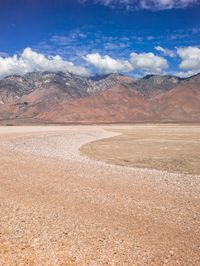 the desert has no animals and is full of dirt and stones, some clouds and snow