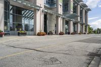 a gray fire hydrant in the middle of street with an office building behind it