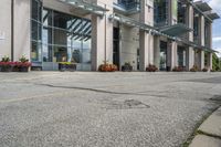 a gray fire hydrant in the middle of street with an office building behind it