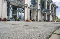 a gray fire hydrant in the middle of street with an office building behind it