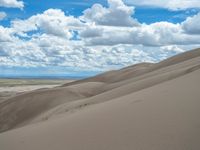 sand dunes under a partly cloudy sky and a person on the ground looking at water