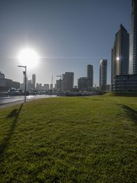 a field with some buildings and the sun shining on the cityscape in the background