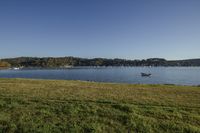 the sun shines brightly on a green field by a river surrounded by trees with several boats in the water and a blue sky above