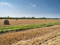 a field with hay bales sitting in it and green grass and a bright blue sky behind it