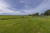 a grassy pasture with an open fenced in field next to it and clouds overhead