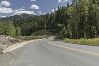 a scenic road is lined by lush green trees and mountains in the distance, on a sunny day