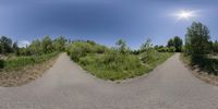 the image shows a two dimensional view of a path in the desert, with an object to the left of the panoramic lens