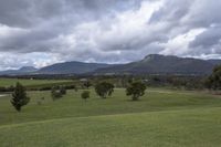 view of mountains with some clouds above them, from a hill top near trees and a park