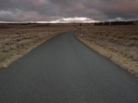 empty road leading into a field with cloudy skies above it and trees in the distance