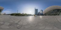 an oval panorama view of the skyline and a person on a skateboard in it