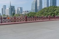 a person is walking across a bridge in the city center of a city there are trees and tall buildings