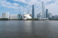 a big city skyline with lots of tall buildings over looking the water in china's asia