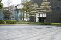 an outdoor area with trees and people on bikes near large buildings and lawns with plants and trees