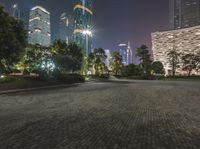 the city skyline is illuminated up at night from the sidewalk of a path with a park nearby