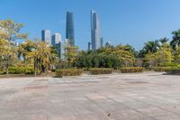 a small park with many trees in front of city buildings that are towering over the horizon