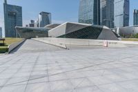 a woman on a skateboard in a big city square of the day and looking at some buildings