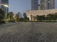 the stone sidewalk is very neat in this cityscape shot taken at night, looking from the east facing plaza