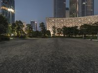 the stone sidewalk is very neat in this cityscape shot taken at night, looking from the east facing plaza