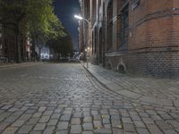 the cobblestone road near some tall buildings is quiet at night for pedestrians to use