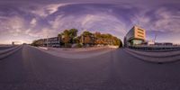 three fish eye pictures with some buildings behind it and people outside in the background, taken with an outside lens