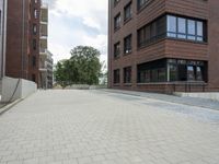 a long brick road in an urban area by some buildings and trees on one side