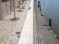 some people are walking along a path beside water and buildings with brick walls and plants in the foreground