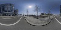 the street is empty with no cars and no traffic to go by it, as in this 360 - view from an angle