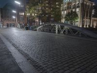 two people walking across a brick walkway in front of a cathedral at night with their bike