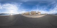 a 360 - view image of the street from the street with a building behind it