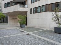 a walkway outside of a large building with several planters on either side of it