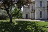 a small tree stands in front of a big, old - fashioned mansion that's seen through a window