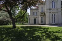 a small tree stands in front of a big, old - fashioned mansion that's seen through a window