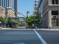 an empty street with buildings and parked cars on the sidewalks and green lanes on the sidewalk