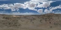 a desert plain with white clouds on top and bushes in the foreground, from which a lone horse is parked