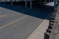 an empty parking lot with no cars on the ground and two people standing underneath it