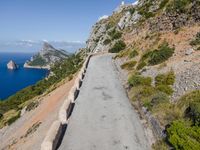 the road is surrounded by rocks and trees and near the ocean with mountains and water in background